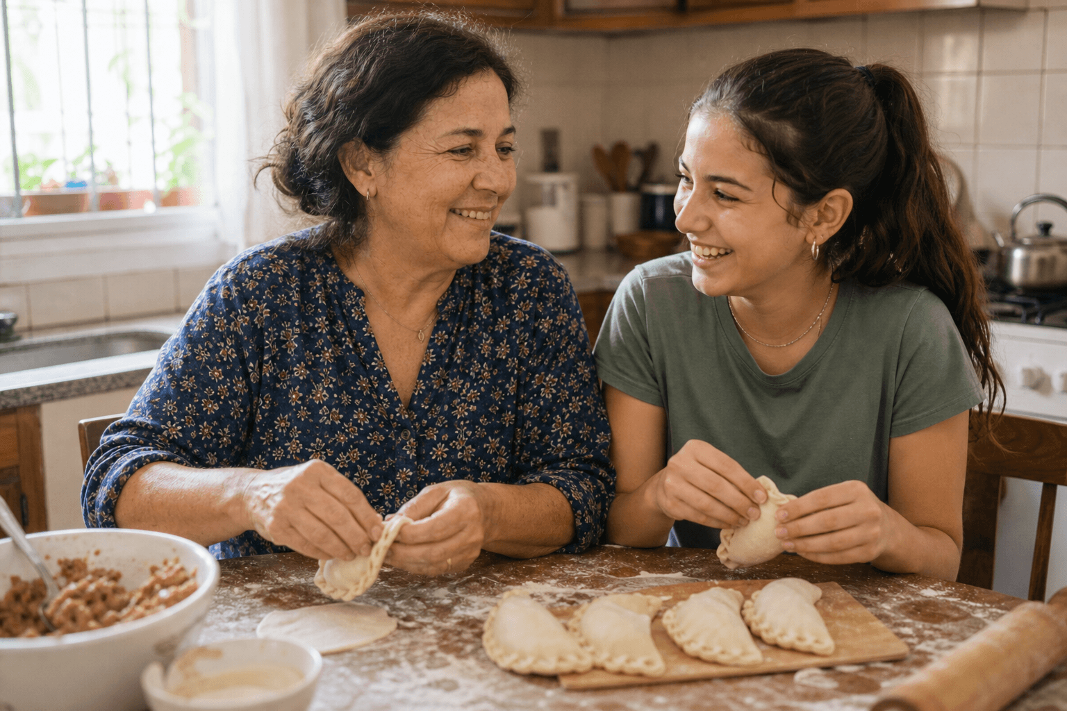 Ana cocinando empanadas con su nieta