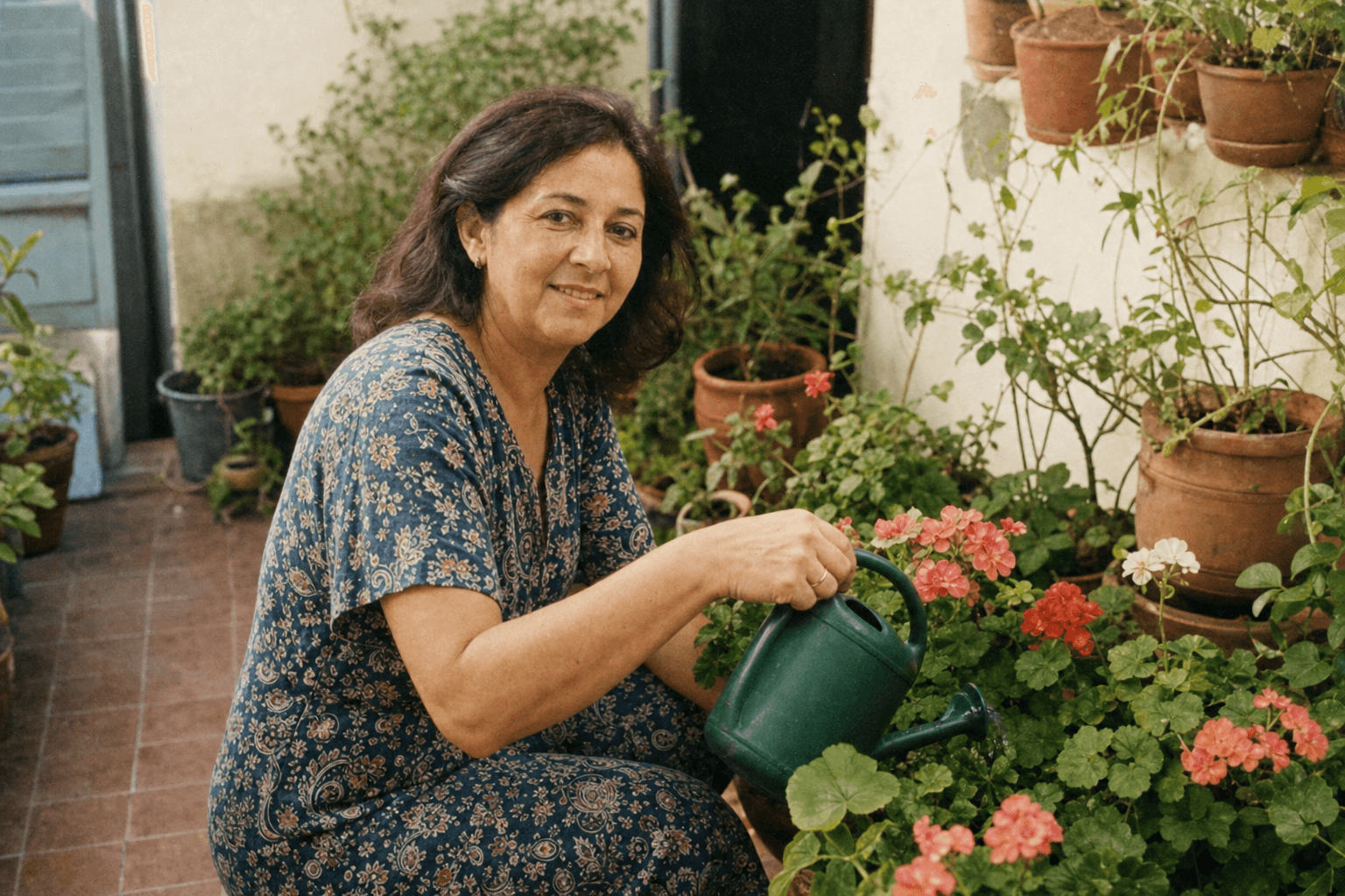 Ana cuidando las flores de su patio